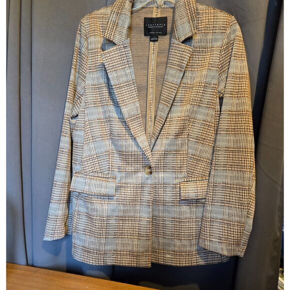 Sanctuary Classic Brown Houndstooth Plaid Blazer Stretchy Knit, Oversized Small - Picture 1 of 10